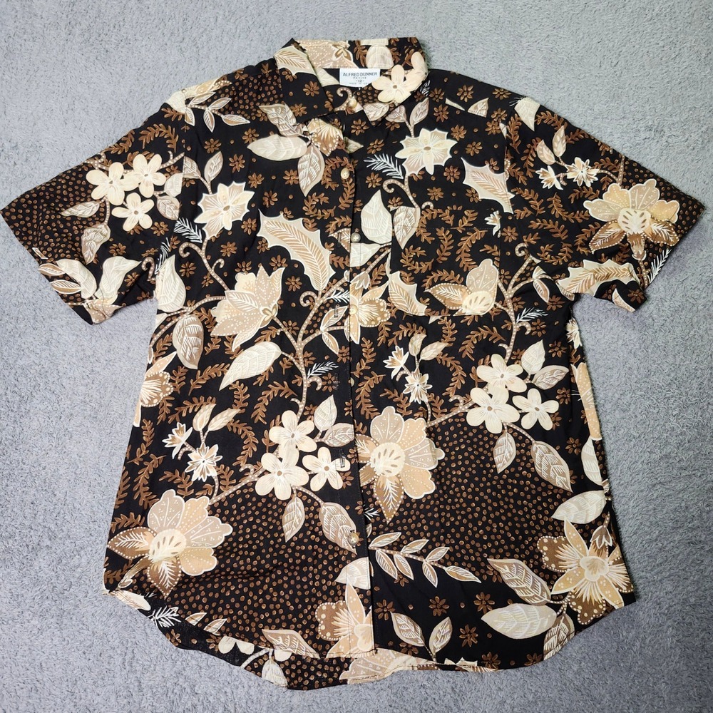 Alfred Dunner Womens 12P Short Sleeve Button Down Blouse Brown Floral Batik